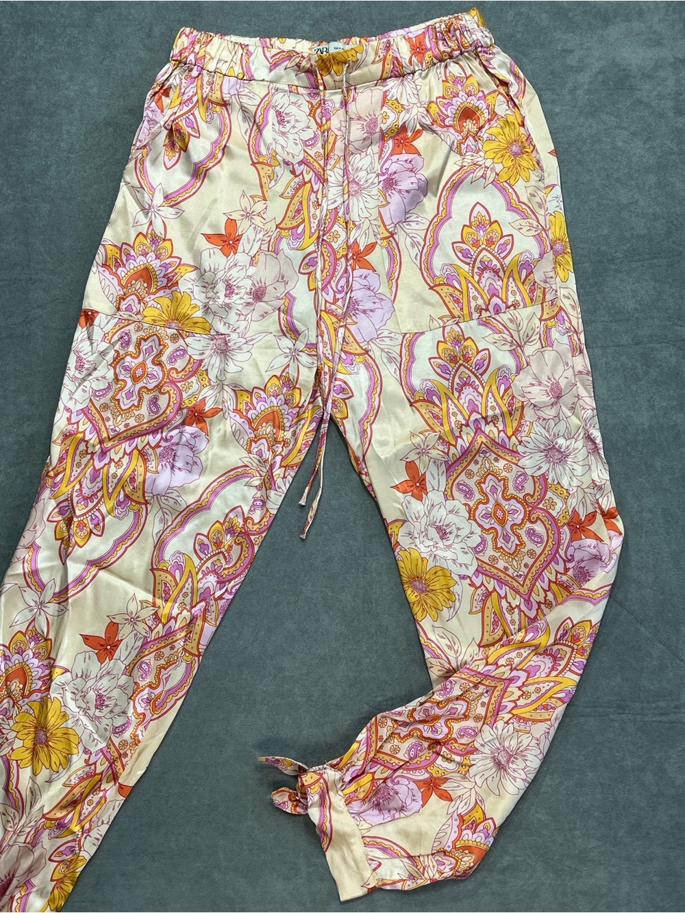 Zara Floral Paisley Tie Hem Jogger Pants Women’s Medium Boho Viscose‎